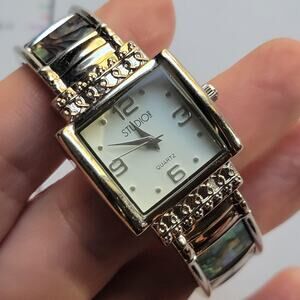 Vintage Studio Time Womens Watch Silver Case White Dial Abalone Bangle Quartz